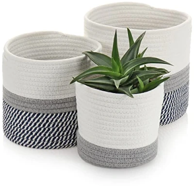 Imagen de com four® Juego de cestas 3 Piezas Cesta Tela Decorativa con Asas Cajas Almacenamiento Redondas, Jardinera Organizador (3 Partes Azul. Gris)