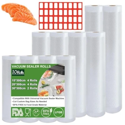 Imagen de Omtofo 10 Rollos Bolsas Vacio Alimentos, 30/20/15 x 300cm/rollo, para Envasadora al Vacio, BPA Free, Bolsa de Vacío Gofradas Conservación y Cocción Sous Vide &amp; Boilable