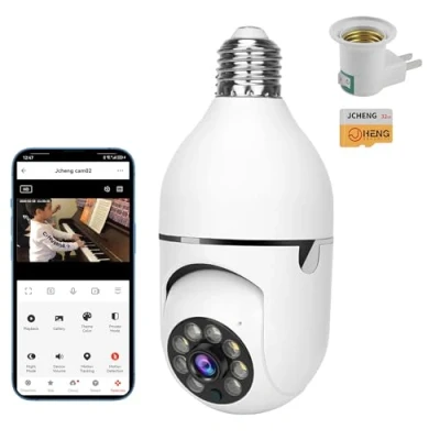 Imagen de JCHENG Cámara de seguridad con bombilla Protector giratorio 4 MP 355 Compatible Alexa, Google Assistant, TUYA, aplicación Smart Life Detección movimiento, tarjeta SD incluida