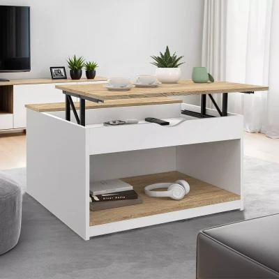 Imagen de IDMarket Mesa baja con bandeja elevable cuadrada ELEA baúl de madera, color blanco y haya