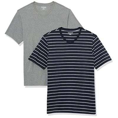 Imagen de Amazon Essentials Camisetas de manga corta con cuello pico y corte ajustado Hombre, Pack 2, Azul Marino Rayas/Gris Mezcla, L