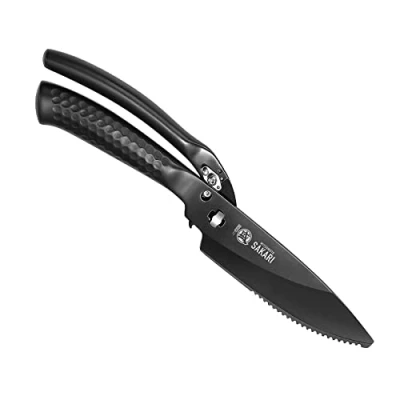 Imagen de MITSUMOTO SAKARI 12 cm Tijeras de Cocina Japonesas, Profesionales Alta Resistencia Chapadas en Titanio Negro, Acero Inoxidable Multiusos para Pollo, Carne, Huesos, Pescado