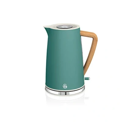 Imagen de Swan Nordic Hervidor de agua eléctrico ultra rápido, inalámbrico sin cable, diseño moderno, 1,7 l, 2200 W, asa efecto madera, apagado automático, verde