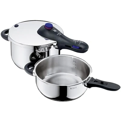 Imagen de WMF Perfect Plus Set Con Olla Rápida Ø 22 cm de Diámetro 4 Litros y Medio + Cuerpo 3 Litros. Protección Contra Llamas. Acero Inoxidable Cromargan para Inducción