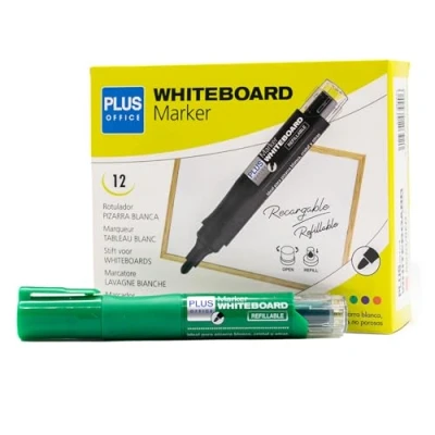 Imagen de Plus Office 12 Rotuladores de Pizarra Blanca con Tinta Liquida Recargable, Punta 2mm, Ideal para Escribir en Cristal, y Otras Superficies Lisas, Borrable (Verde, Rotulador)