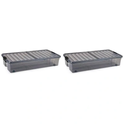 Imagen de AC Pack de 2 Cajas Almacenamiento Modelo KLIP bajocama Fabricado en Plástico Capacidad 35 litros Cierre hermético y Tapa abatible 16 x 39,5 78 cm Color Antracita