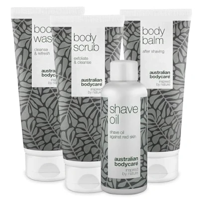 Imagen de Kit de afeitado para todo el cuerpo Set con gel ducha, exfoliante, bálsamo y aceite Solución definitiva un cómodo Infundido árbol té