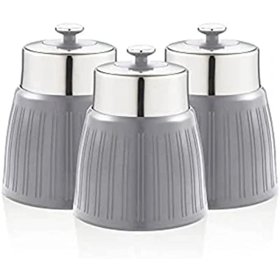 Imagen de Swan Retro SWKA1024GRN Set 3 Botes Cocina Metálicos de Almacenamiento 1 Litro Herméticos, Acero Lacado, Lata Especias, Té,Café, Pasta, Cereales, Arros, Juego Tarros Diseño Vintage, Gris