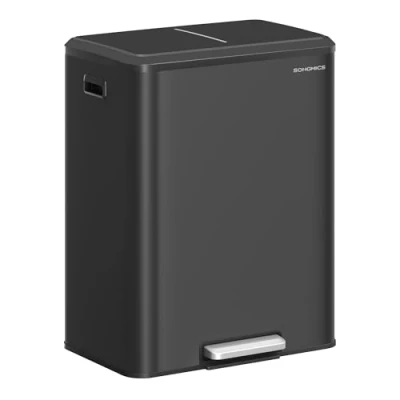 Imagen de SONGMICS Papelera de Cocina, 2 x 30 L Cubo Doble para Reciclaje y Basura, Cubos Interiores, Acero, Tapa Cierre Suave, Pedal Ancho Robusto, Negro Tinta LTB556B02