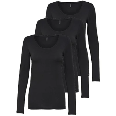 Imagen de Only 3 pack señoras manga larga blanco y negro básica verano 95% algodón XS S M L XL 15209156