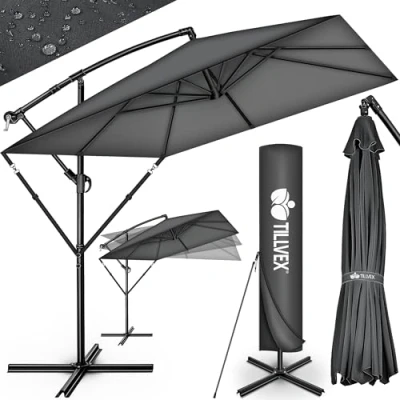 Imagen de tillvex® Sombrilla de Jardín Rectangular Ø 330 cm con Manivela + Funda soporte &amp; Protección Viento Parasol mercado impermeable UV (Antracita sin LED)