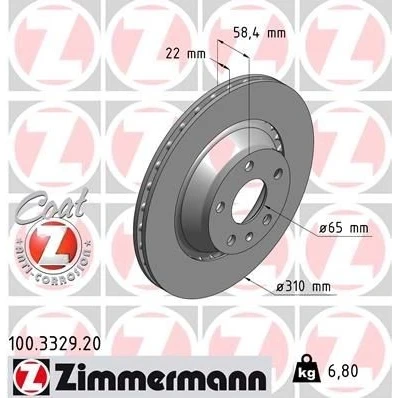 Imagen de ZIMMERMANN COAT Z 100.3329.20 Disco de freno 310 22 6/5 5 112 ventilación externa revestido AUDI: TT Coupé, Roadster