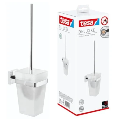 Imagen de tesa Escobilla WC de Pared DELUXXE, metal cromado brillante, autoadhesivo, tecnología adhesiva montaje, 445mm x 98mm 138mm
