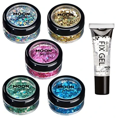 Imagen de Brillo con Figuras Holográficas por Moon Glitter 100% Cosmético para la Cara, Cuerpo, Uñas, Cabello y Labios 3g Set de 5 colores