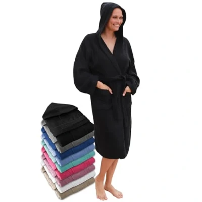 Imagen de LEBENGOOD Albornoz Mujer Capucha 100% Algodón Rizo Americano 400 gr, Bolsillos, Bata Suave, Toalla Ducha (Alb.Capucha Negro 3XL)