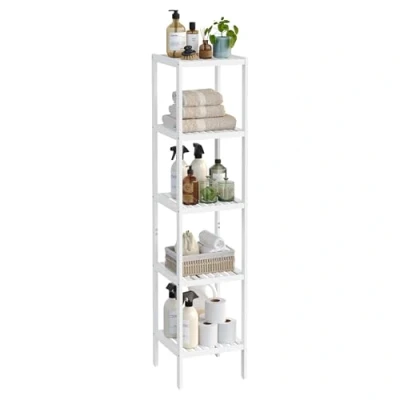 Imagen de SONGMICS Estantería de Baño 5 Niveles bambú, Estrecha, Multifuncional, Esquinera, Cocina, Sala Estar, Dormitorio, Pasillo, Blanco Nube BCB055W01