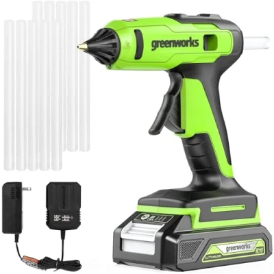 Imagen de Greenworks Pistola de pegamento caliente inalámbrica 24 V, se calienta rápidamente en 90 segundos, luz LED, boquilla goteo, CON batería y cargador 2 Ah
