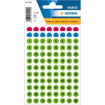 Imagen de HERMA 4129 pegatinas con números negros del 1 al 160, redondas, 480 unidades, diámetro de 8 mm, autoadhesivas, pequeñas, mate, adhesivos, casa, papel para pegar, multicolor