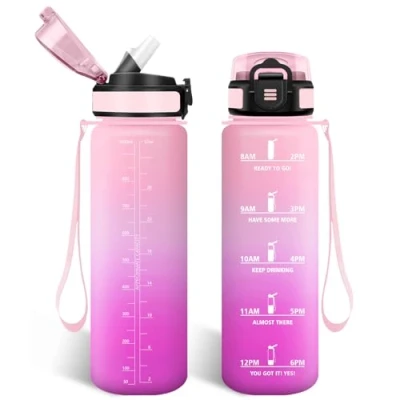 Imagen de HoneyHolly Botella Agua 1 Litro, Libre de BPA &amp; Prueba Fugas, Agua, con Pajita, Water Bottle, Marcador Tiempo, Cantimplora para Sport, Bicicleta, Gimnasio, Escuela