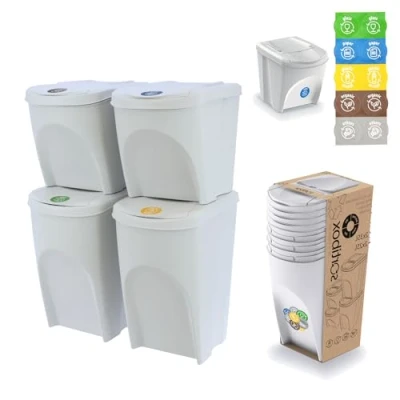 Imagen de botle juego de 4 cubos basura 120 L, sistema separación basura, 2 x 35 L + 25 en color blanco ceniza para apilar, compacto, modular y ligero, fácil