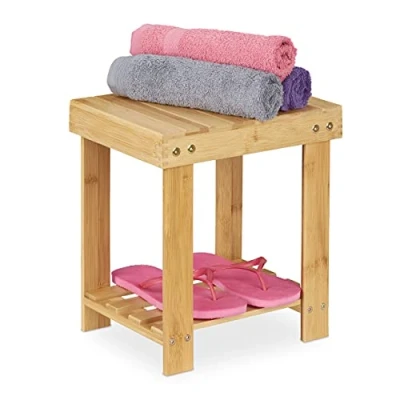 Imagen de Relaxdays Taburete de Bambú, Carga hasta 100 kg, Banqueta Robusta, Infantil, para Baño, Puf, 33,5 x 25 31 cm, Natural
