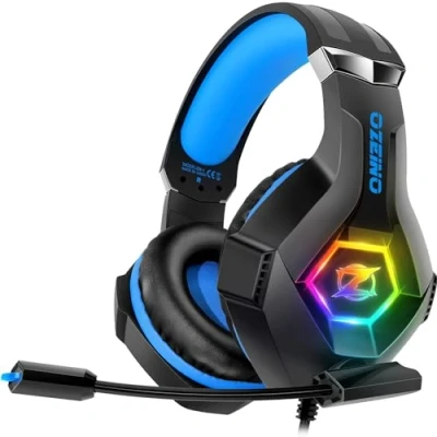 Imagen de Cascos Gaming, Auriculares Gaming con Micrófono Rotatorio, Luz RGB, Premium Stereo, Orejeras Ligero Cómodo, para PS4 PS5 Xbox PC Switch Tableta Laptop