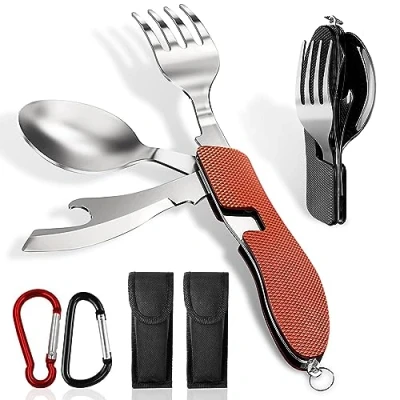 Imagen de ADNEWX 2 Juego Cubiertos Camping, 4 En 1 Para Llevar Plegables Viaje Acero Inoxidable Set de Cuchillo, Cuchara, Tenedor, Abrebotellas con Bolsa almacenamiento y mosquetón