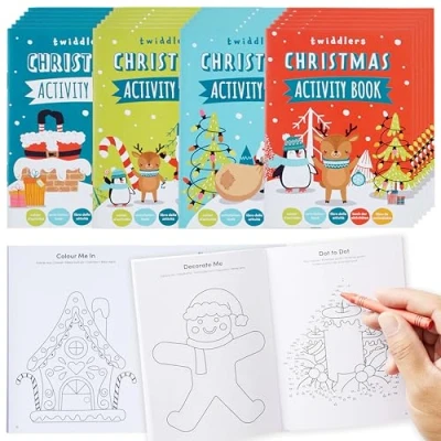 Imagen de THE TWIDDLERS Paquete de 24 minilibros actividades navideñas que incluyen colorear, rompecabezas y juegos, aptos para rellenar calcetines Navidad premios el aula
