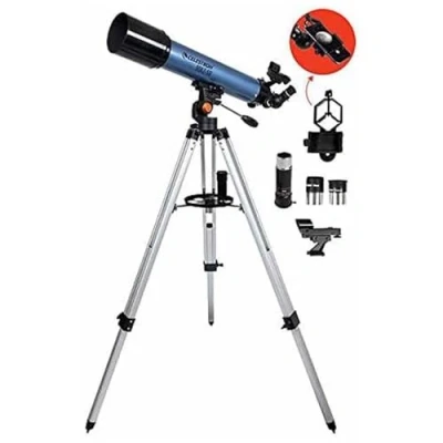 Imagen de Celestron 22407 Inspire 90AZ Telescopio refractor Corto con Adaptador Smartphone Integrado 2 oculares, Espejo Diagonal de Imagen erguida 90, trípode Ajustable y Bandeja para Accesorios, Azul