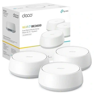 Imagen de TP Link Deco BE3600 (3 Pack) WiFi 7 Mesh tribanda hasta 6.6 Gbps, Amplia Cobertura para Toda la casa, Puerto 2.5G, Ideal Streaming 8K, Juegos y conexión Estable con AI