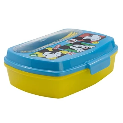 Imagen de Fiambrera rectangular para el almuerzo infantil con cubiertos de Mickey Mouse