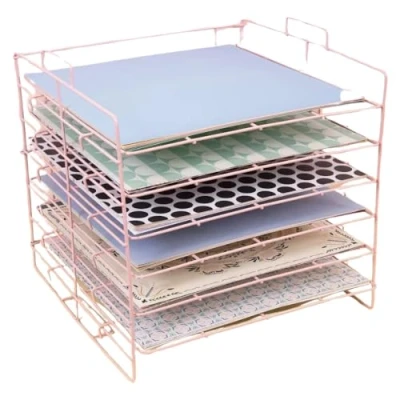 Imagen de Craftelier Bandeja Organizadora Metálica de 6 Estantes para Papeles Ideal Organizar los Materiales Scrapbooking y Manualidades Tamaño Aprox. 35,8 x 33,3 33,2 cm Color Rosa