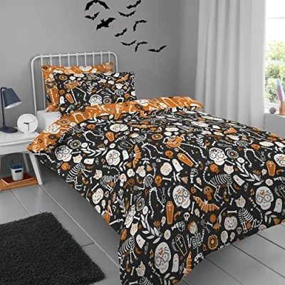Imagen de Bedlam Funda Nórdica Día de los Muertos Halloween Doble (200x200cm) Reversible 2 Colores Brilla en la Oscuridad Esqueletos, Fantasmas, Murciélagos &amp; Calaveras Ropa Cama