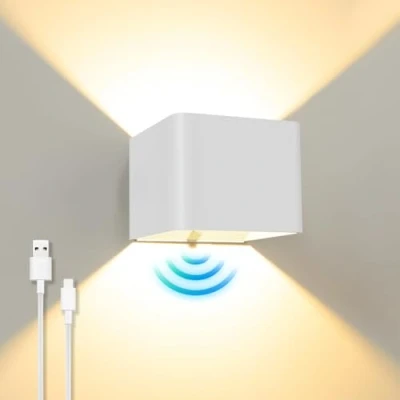 Imagen de ACMHNC Aplique de Pared Interior con Sensor Movimiento,5W LED Lámpara sin cable, Lampara Magnetica USB Recargable Interruptor, Blanco cálido, Pasillo,Blanco
