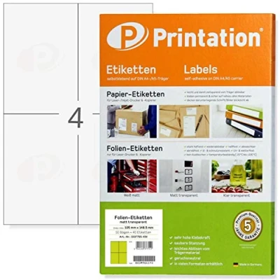 Imagen de Printation etiquetas transparentes mate 105 x 148,5 mm 10 hojas 4 pegatinas autoadhesivas por hoja A4, 40 adhesivas 148 cm, para impresora láser, lámina adhesiva