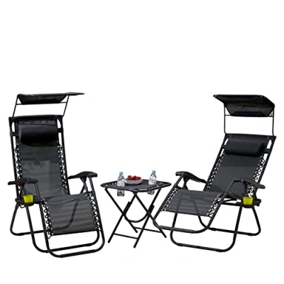 Imagen de Neo Juego de 3 sillas plegables portátiles gravedad cero, tumbona y portavasos, reclinables, jardín, patio, camping al aire libre (negro)