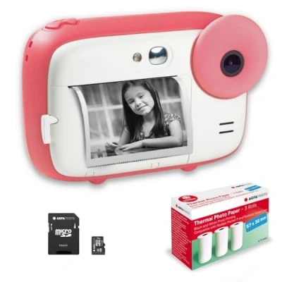 Imagen de AGFA PHOTO Realikids Cámara instantánea + 1 tarjeta micro SD de 32 GB 3 rollos papel térmico ATP3WH para niños, pantalla LCD 2.4 pulgadas, espejo selfie y filtro fotos,