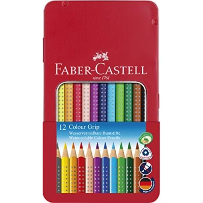Imagen de Faber Castell 112413 Estuche de metal con 12 ecolápices triangulares colores, agarre Grip, acuarelables, lápices escolares, multicolor