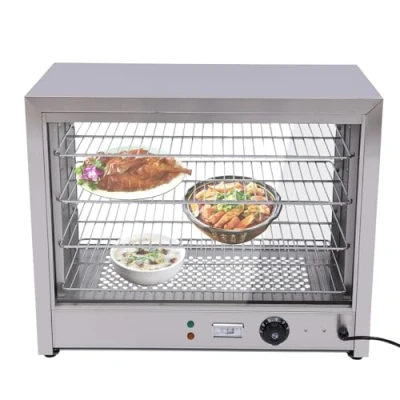 Imagen de Vitrina de 4 pisos, acero inoxidable, temperatura ajustable, 30 85 , con luz cálida decorativa, mostrador caliente, calentador alimentos, cafetería, comida rápida,
