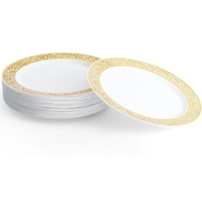Imagen de MATANA 20 Platos de Plástico Blanco Premium con Borde Dorado, 26cm Elegantes, Resistentes y Reutilizables Bodas, Cumpleaños, Bautizos, Navidad, Barbacoas, Fiestas