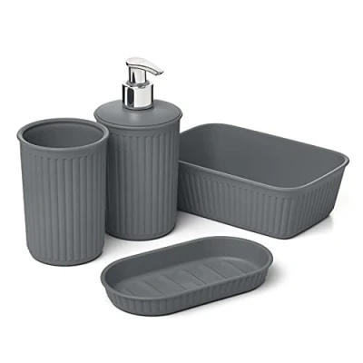 Imagen de Tatay Set de 3pcs Sobremesa Baño (Vaso + Dosificador Organizador A6) Baobab, Plástico, Libre BPA, Gris Antracita