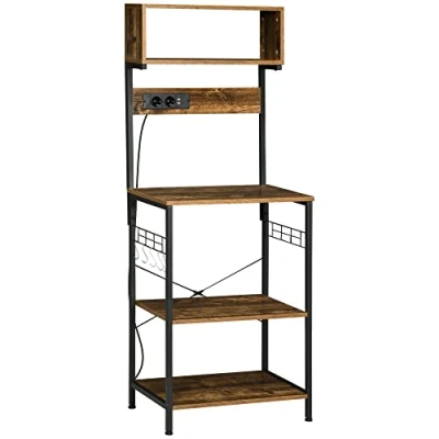Imagen de HOMCOM Estantería de Cocina con 2 Cargadores USB para Microondas Mueble Auxiliar Toma Corriente 5 Ganchos y Estante Ajustable 60x42x153 cm Marrón Rústico
