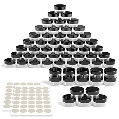 Imagen de Newaner 60 Piezas Tarros de Plástico, 10g10ml Contenedores Cosmético Viaje, mini tarro transparente con tapón rosca Lata vacia pegatinas, para llevar maquillaje, lociones, velas(negro)