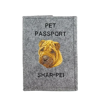 Imagen de Art Dog Funda para Pasaporte Perros de Fieltro Hecha a Mano con Patrón Bordado Viaje Mascotas 17x12,5cm Shar Pei