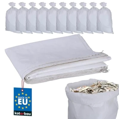 Imagen de KOTARBAU® 10 x Saco de rafia polipropileno, 65 105 cm, Bolsas para obras y transporte materiales, Color blanco, escombros, tierra o cereales, Resistentes, Hasta 50 kilos