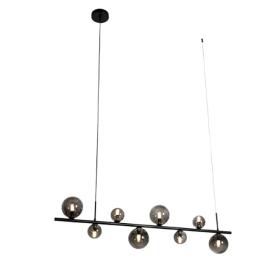 Imagen de Qazqa Diseño Lámpara colgante negra con cristal ahumado, Alargada 8 luces Monaco Acero Adecuado para LED Max. x 5 Watt