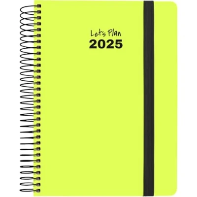 Imagen de Grafoplas Agenda Anual 2025 Neón 15x21cm Dia por Pagina Amarillo Fluor Español Tapa Dura Forrada Papel Acabado Brillo Cierre Goma Esquinas Redondeadas Incluye Pegatinas