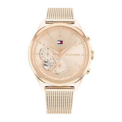 Imagen de Tommy Hilfiger Reloj Analógico de Cuarzo multifunción para mujer con correa malla acero inoxidable color oro rosado 1782486