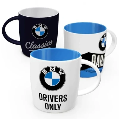 Imagen de Nostalgic Art Juego de 3 tazas café retro 330 ml, con logotipo BMW 2, idea regalo para los fans accesorios BMW, producto original licencia (OLP), taza cerámica, diseño