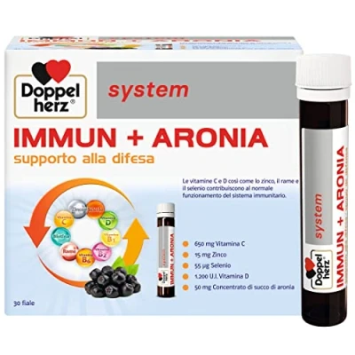 Imagen de Doppelherz system IMMUN+ARONIA Complemento Alimenticio con Vitaminas C, D, Grupo B, Biotina, Oligoelementos y Zumo de Aronia, Sin Gluten ni Lactosa, Sabor Multifruta, 30 Viales